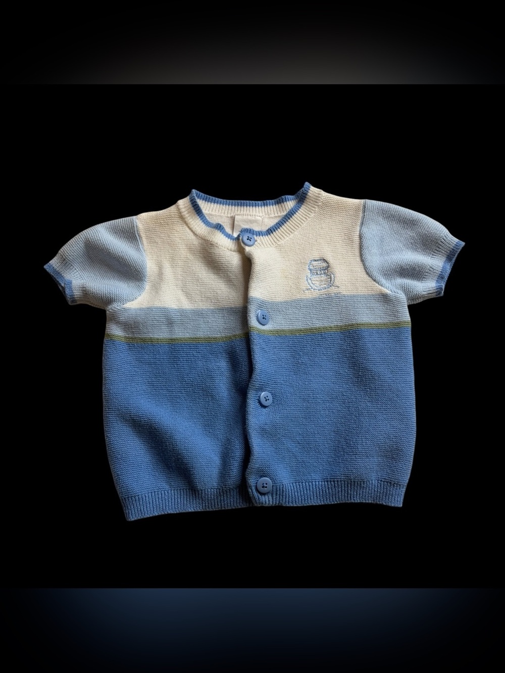 Vintage 90s Baby Boy Embroidered Boat Cardigan Knit Sweater Blue White 9 Months
